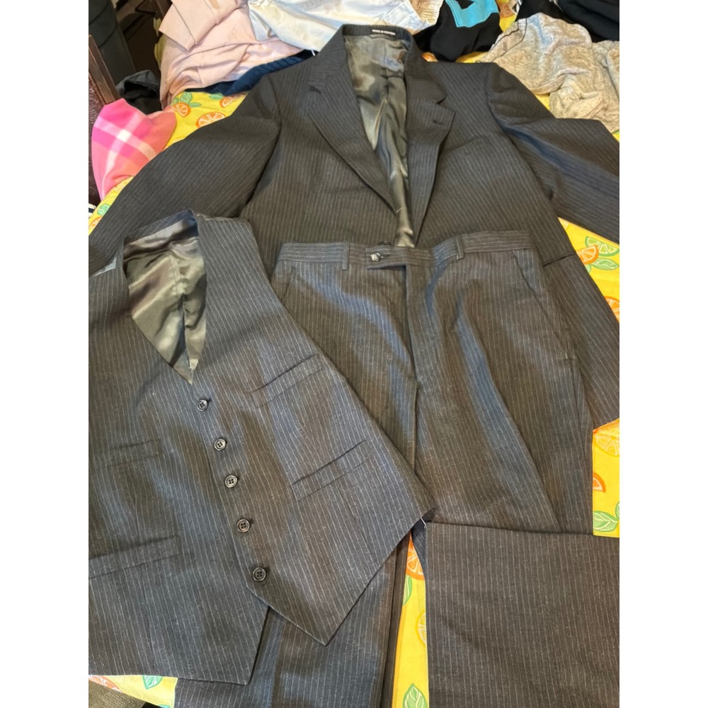 Unbranded 3-Piece Pinstripe Suit Mens 30W Charcoal Grey Blazer 30R Vest Pants